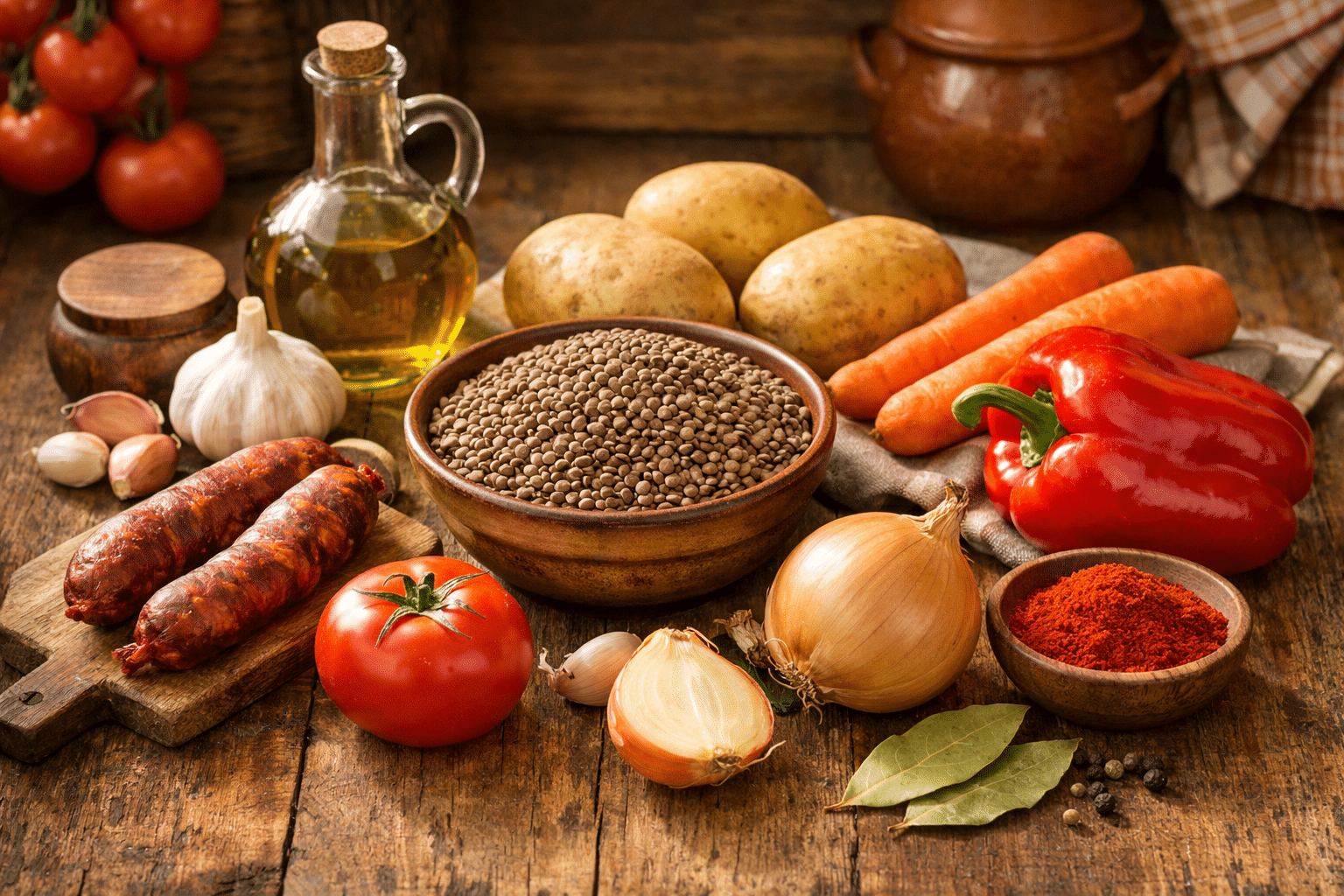 Ingredients for this Spanish lentil stew recipe