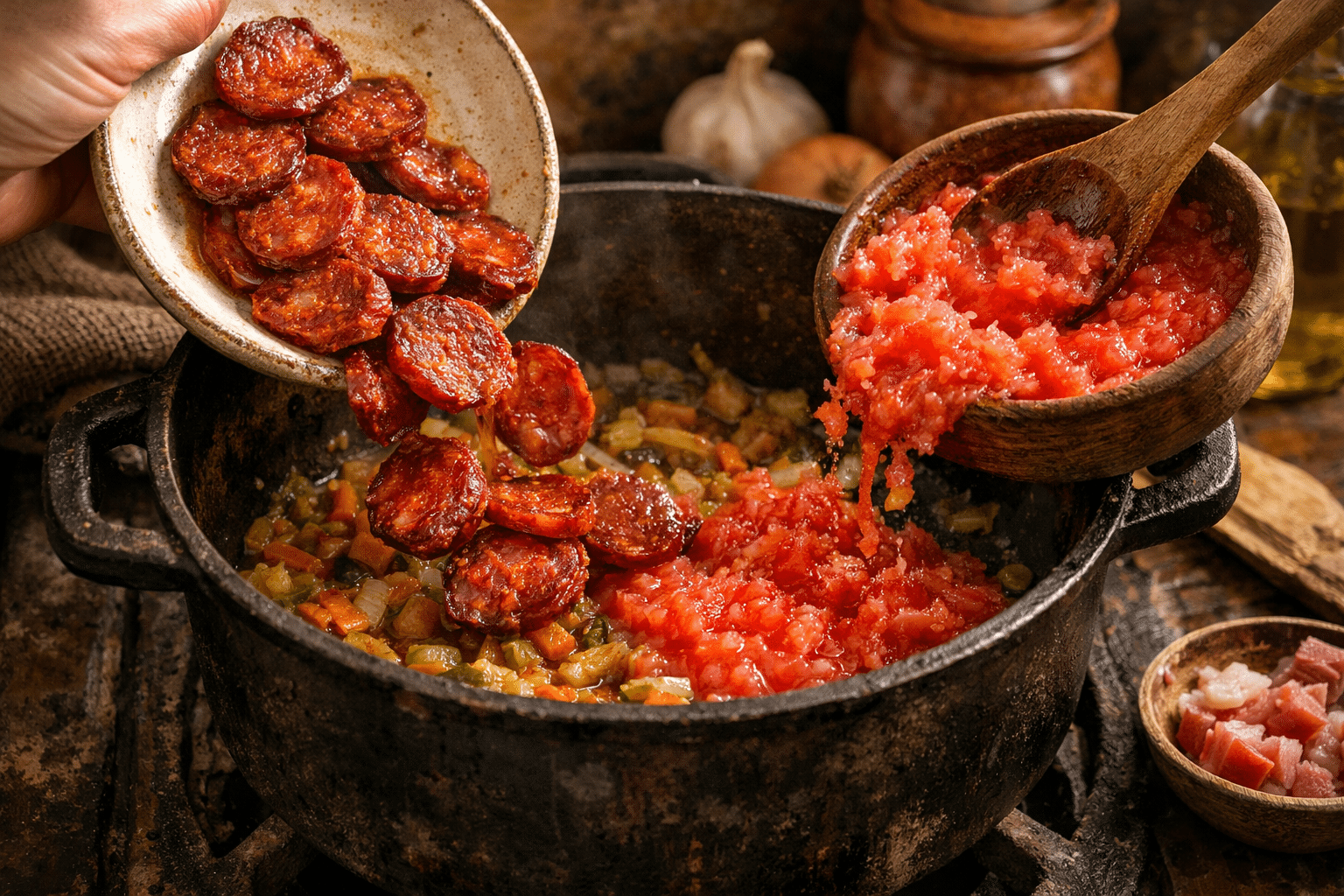 Add the chorizo and tomato.