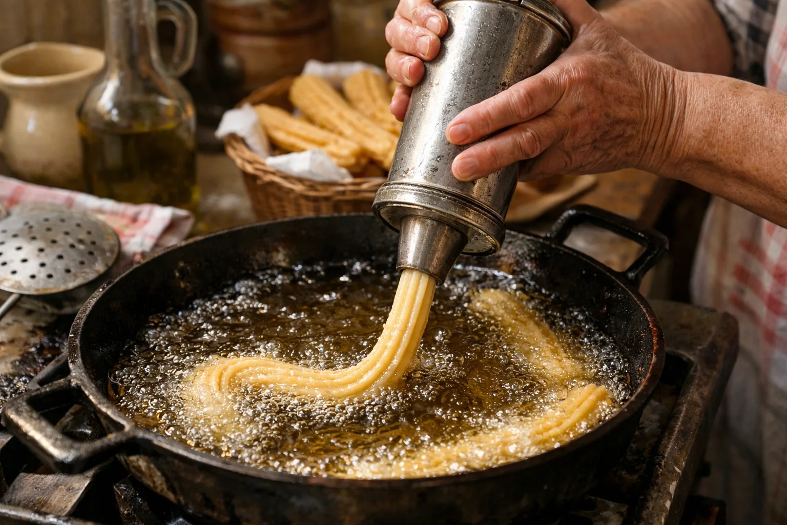 Traditional Spanish porras frying in hot oil