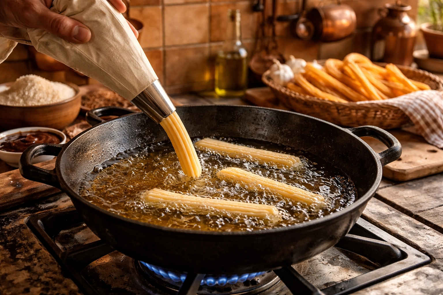 Pipe and fry the churros