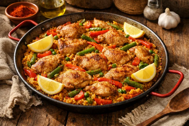 Chicken paella recipe in a rustic pan, golden Spanish rice with chicken and vegetables, cozy warm kitchen background, vertical composition, realistic food photography, Pinterest style, homemade traditional Spanish meal